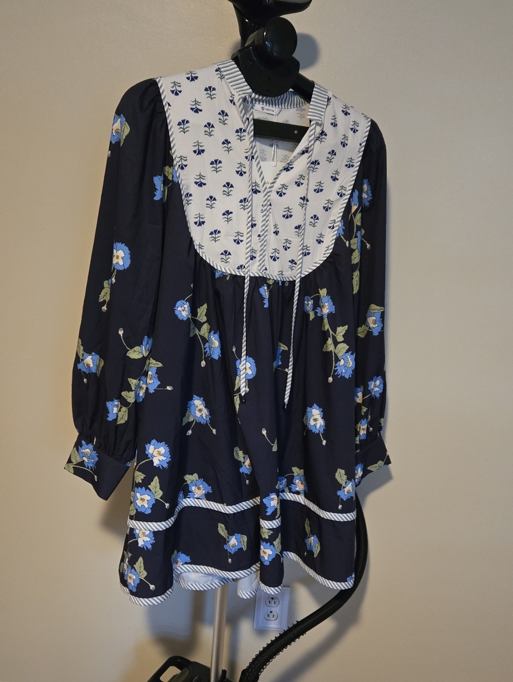 Navy Blue Floral Midi Dress with Contrast Bib